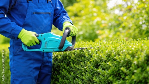 Gardener trimming green hedge with electric trimmer in garden,professional landscaping maintenance and yard care concept in sunny outdoor setting