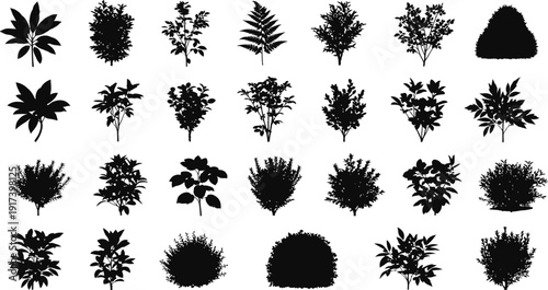 Collection of various plant silhouettes arranged in a grid pattern on a white background.