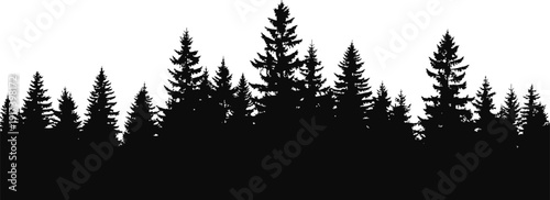 A simple black silhouette of a forest with trees of varying heights against a white background.