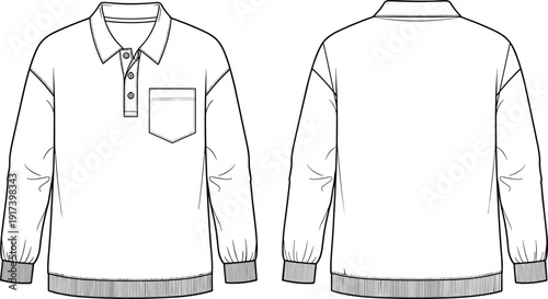 Vector technical fashion flat sketch of oversized long sleeve polo shirt with chest pocket front and back view isolated on white background.