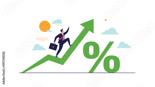 Ambitious businessman runs up a giant green arrow shaped like a percentage symbol to represent rising interest rates and financial growth.
