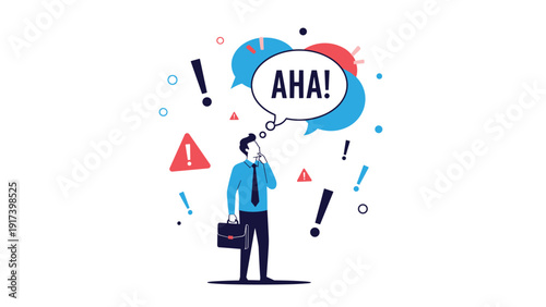 Surprised businessman in a suit has a breakthrough moment with an aha speech bubble and various exclamation marks for creative insight ideas.