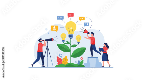 Team of business professionals collaborate around a growing plant with lightbulbs as flowers to symbolize nurturing and scaling new ideas.