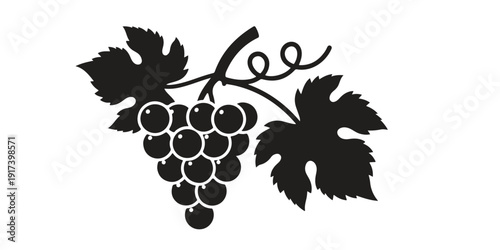 Black Grapes Silhouette with Vine and Leaves Minimal Vector Illustration Isolated on Light Background