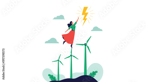 Empowered woman reaches for a glowing lightning bolt while standing on top of green wind turbines to symbolize renewable energy and power.