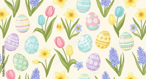Colorful easter eggs and spring flowers pattern with tulips daffodils and hyacinths on cream background
