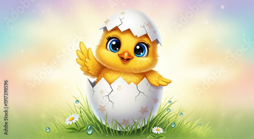 Happy yellow chick hatches from egg in green grass with flowers and water drops under colorful sky