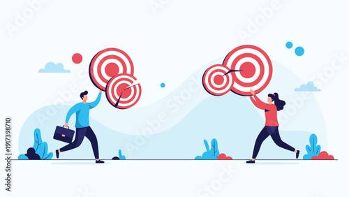 Professional man and woman run together to assemble pieces of a bullseye target representing teamwork and shared corporate objectives.