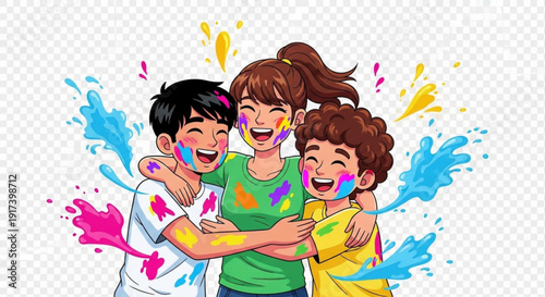 Happy family with colorful paint splatters embracing smiling and having fun together vibrant illustration modern digital art style