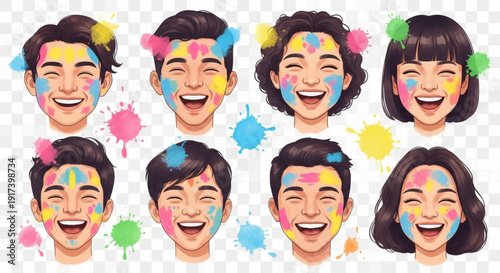 Diverse group of young adults with colorful paint on their faces smiling and laughing together vibrant illustration with playful splatters