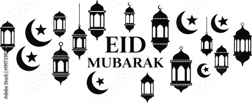 Eid mubarak greeting card with lanterns and crescent moons in black and white.
