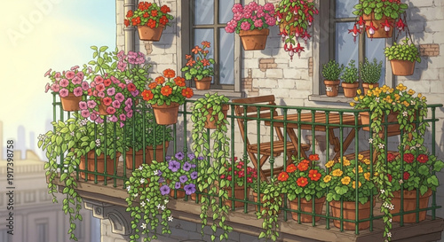 Vibrant flowers and lush greenery adorn a charming balcony with a metal railing overlooking a cityscape on a sunny day with a warm atmosphere