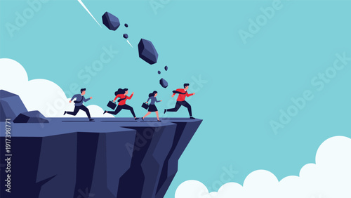 Group of business people run toward a dangerous cliff edge while large rocks fall from the sky symbolizing corporate risk and crisis.
