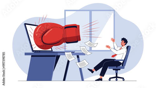 Giant red boxing glove emerges from a laptop computer screen to punch a surprised businessman sitting at his desk representing cyber attacks.
