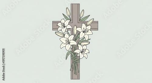 Easter cross with white lilies on light green background for religious or spring concepts