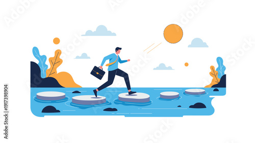 Ambitious businessman runs across giant floating coins in a river towards the bright sun representing his path to financial success.