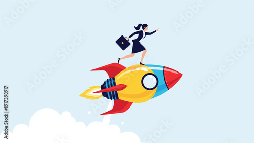 Successful businesswoman rides on top of a colorful giant rocket flying through the sky representing rapid career growth and startup success.