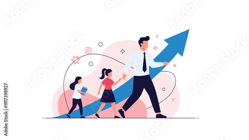 Supportive man leads two young girls up a massive blue upward arrow representing mentorship and the growth of the next generation.