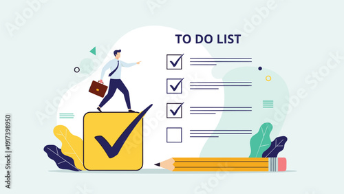 Organized businessman stands on a giant yellow checkmark within a to do list representing task completion and professional productivity.