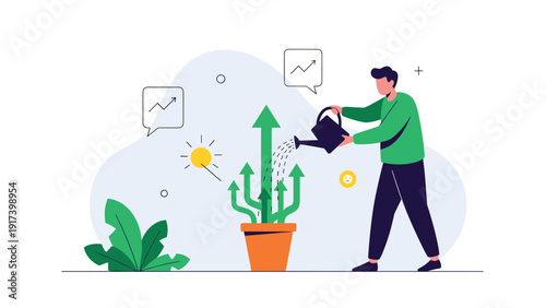 Dedicated man uses a watering can to nurture a plant with upward growing green arrows symbolizing sustainable business growth and investment.