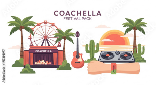 Coachella festival pack illustration with palm trees guitar dj booth and ferris wheel at sunset