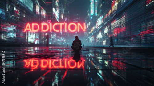 A contemplative figure sits in a dystopian urban landscape under a neon sign that reads ADDICTION. ..Created with Generative AI, not depicting real subjects.
