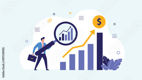 Analytical businessman uses a giant magnifying glass to study a rising bar chart ending with a gold dollar coin for financial success.