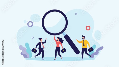 Group of professional people in business attire investigate and analyze data using a giant magnifying glass to symbolize research and search.