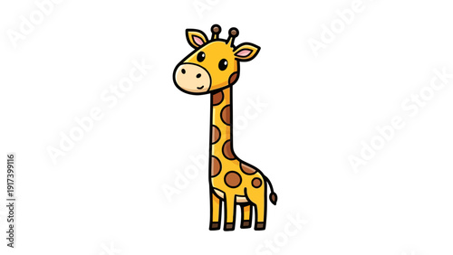 Cartoon drawing of a young giraffe with brown spots on a white background