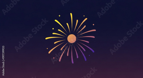 Vibrant colorful firework explodes in dark night sky with yellow orange pink and purple streaks