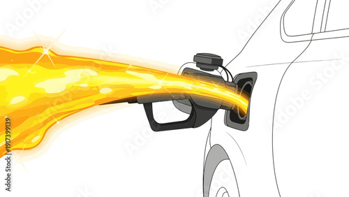 Cartoon gas nozzle fueling a vehicle with a bright yelloworange energetic stream