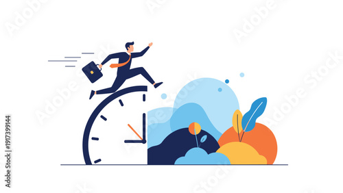 Determined businessman jumps over a giant clock face into a beautiful landscape to represent time management and escaping the work routine.