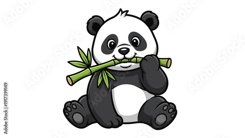 Cartoon giant panda sitting and eating a piece of green bamboo stalk