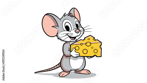 Cartoon gray mouse happily holding a large wedge of Swiss cheese