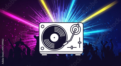 Dj turntable with vibrant colorful lights at a lively party with a cheering crowd in the background