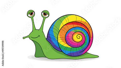 Cartoon green snail with a bright rainbow spiral shell