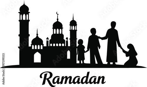 A family silhouette standing together near a mosque during the holy month of ramadan.