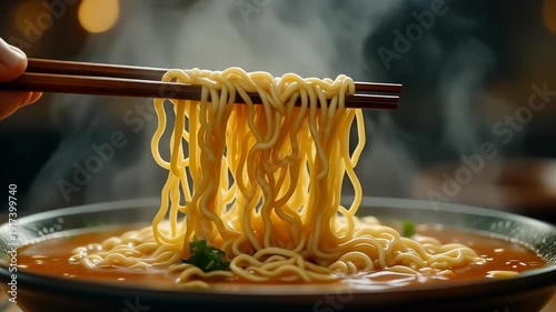 Close up of Hot Steaming Ramen Noodles Being Lifted from a Bowl with Chopsticks