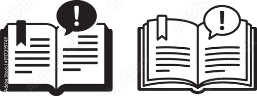Educational open book icon with bookmark and exclamation mark speech bubble representing important information guide manual textbook learning instructions symbols