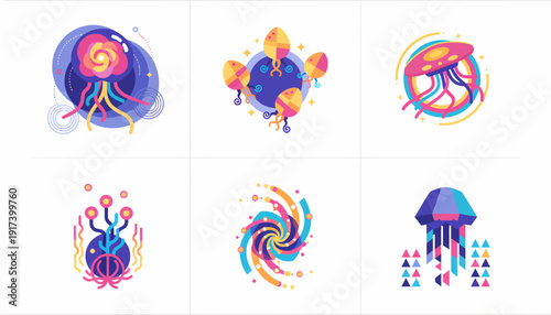 Abstract Cosmic Jellyfish Creatures and Swirling Galaxy Designs