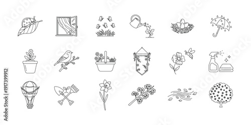 Spring season line icon set. Editable stroke. Vector illustration.