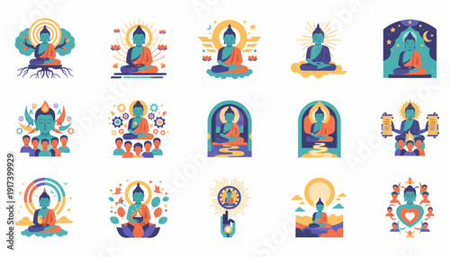 Buddha Meditating Surrounded by People and Nature Elements