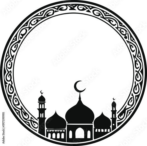A black and white illustration of a mosque within an ornate circle.