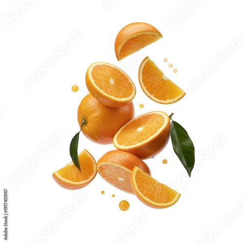 Oranges and orange slices floating fruit citrus isolated on a transparent background