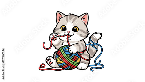 Cartoon kitten playing with a multicolored ball of yarn