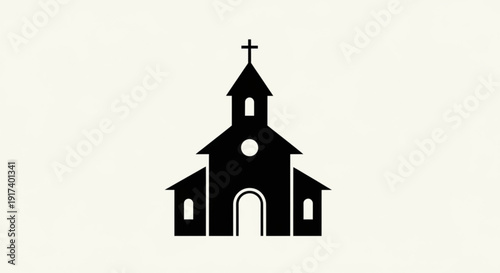 Simple black silhouette of a church building with a cross on top and a white background