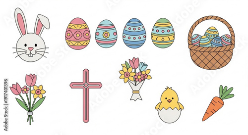 Easter themed icons including bunny eggs basket flowers cross chick and carrot on white background