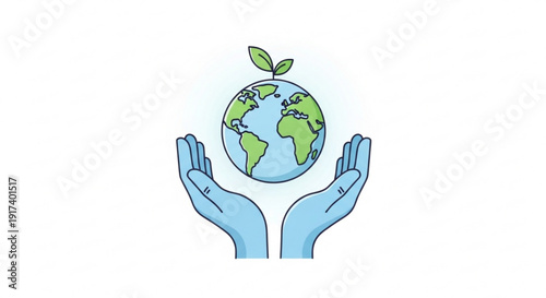 Hands cradling a globe with a green sprout emerging symbolizing environmental care and sustainability