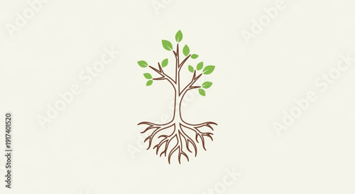 Tree with green leaves and exposed roots on beige background symbolizing growth and nature