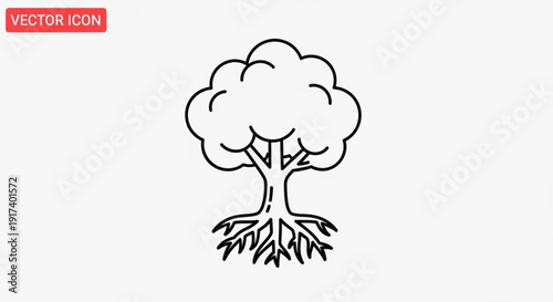 Tree with roots and leafy branches in simple line art style on white background